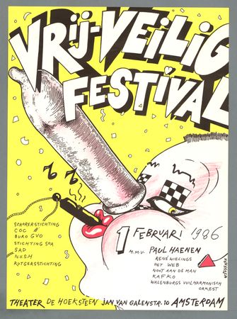 Aankondiging Vrij Veiligfestival Amsterdam 1986