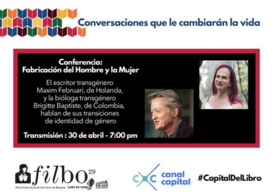 Poster over een gesprek over gender op de boekenbeurs Filbo in Bogota, Colombia, 2016
